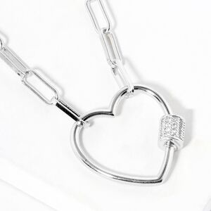 White Gold CZ Crystal Heart Carabiner Paperclip Link Chain Pendant Necklace